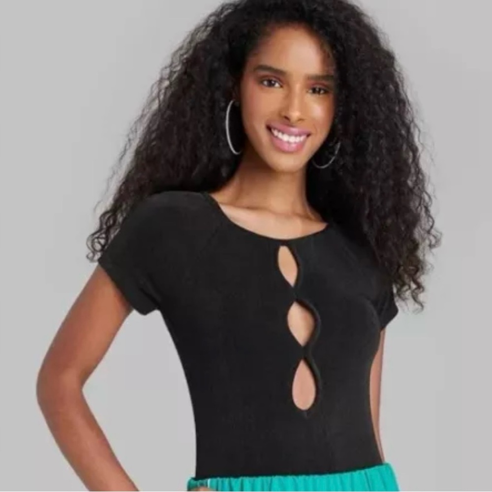 Never worn Wild fable black shiny short sleeve bodysuit with cool cutout design